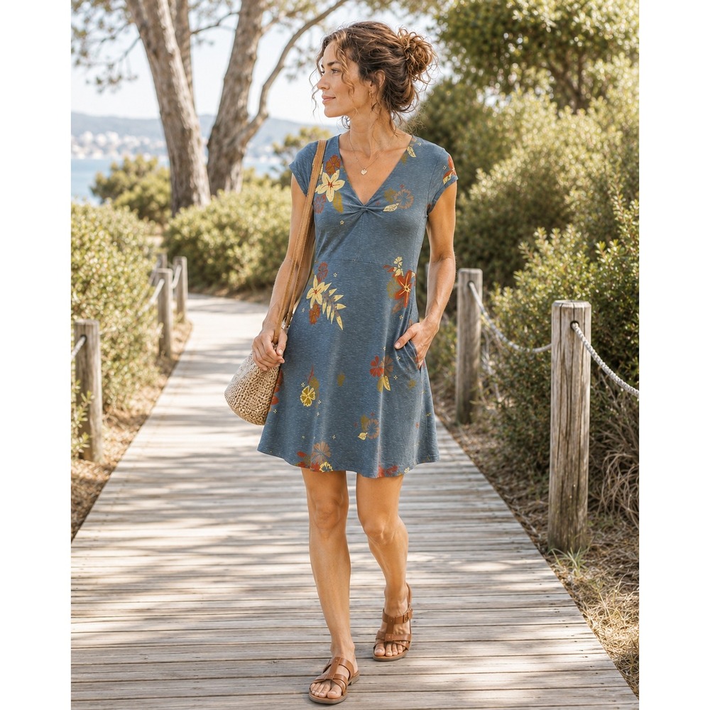 Toad&Co Rosemarie Dress Navy Blue Floral Organic Cotton Tencel Cap Sleeve Size L